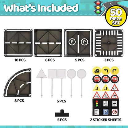 Playmags 50 Pcs Road Set - Magnetic Building Tiles for Kids 3+
