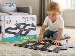 Playmags 50 Pcs Road Set - Magnetic Building Tiles for Kids 3+