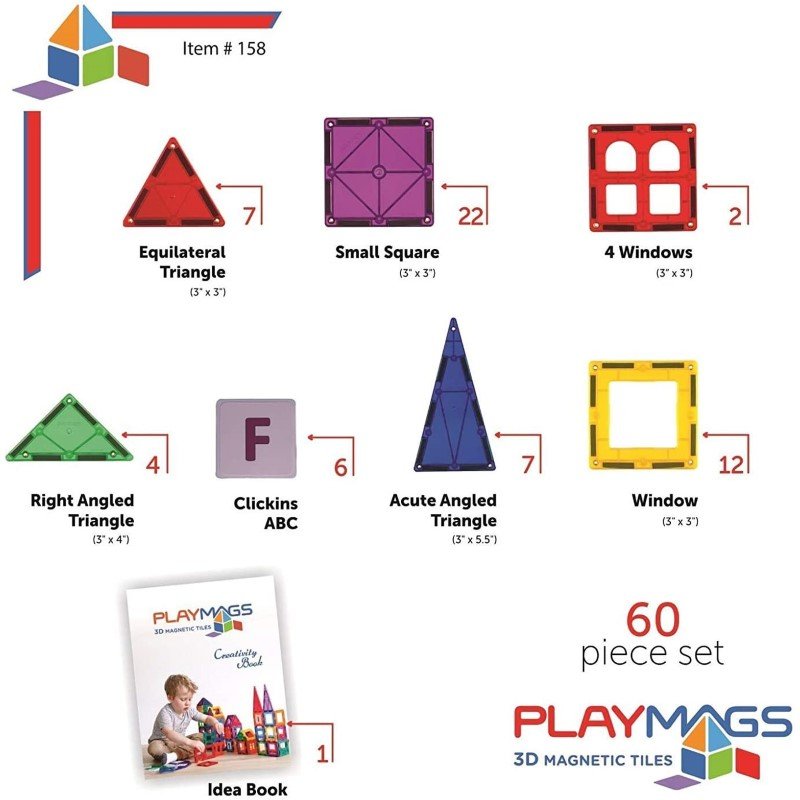 Playmags 60 Pcs Classic Set -Magnetic Building Tiles for Kids 3+