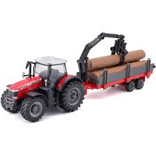 10 cm Massey Fergusson 8740S Tractor With Log Loader and Trailer by Bburago 3+