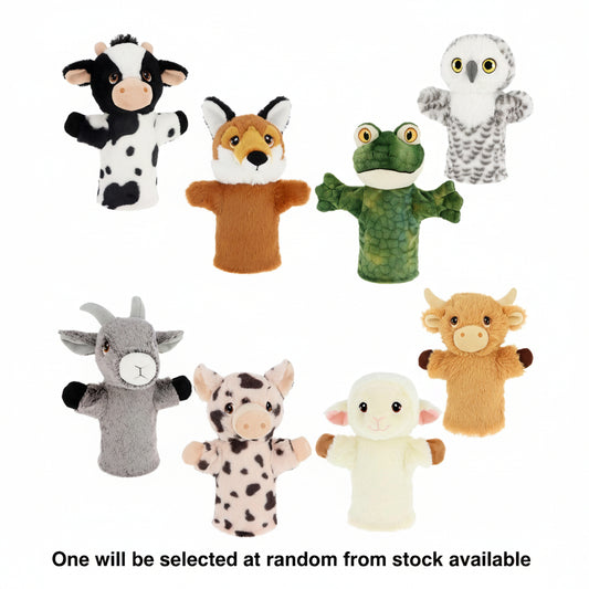 Set of eight animal-themed hand puppets on a white background